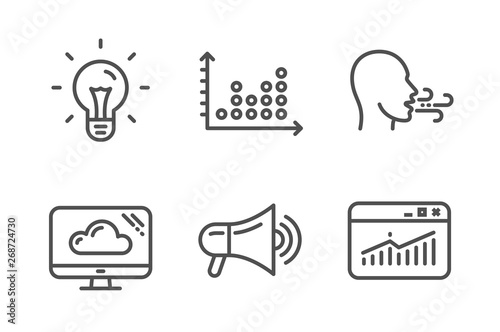 Dot plot, Megaphone and Breathing exercise icons simple set. Idea, Cloud storage and Website statistics signs. Presentation graph, Advertisement. Technology set. Line dot plot icon. Editable stroke