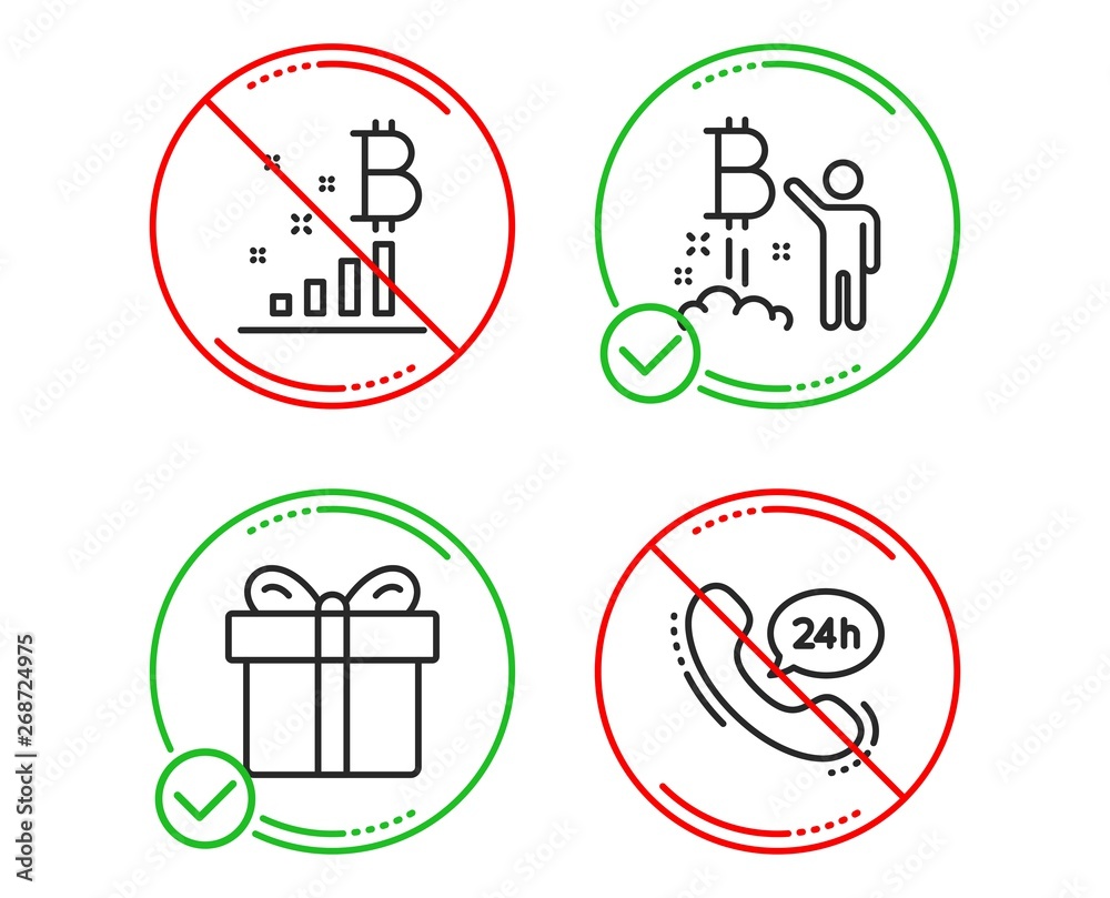 Do or Stop. Bitcoin project, Gift box and Bitcoin graph icons simple set. 24h service sign. Cryptocurrency startup, Present package, Cryptocurrency analytics. Call support. Vector Do or Stop. Bitcoin project, Gift box and Bitcoin graph icons simple set. 24h service sign. Cryptocurrency startup, Present package, Cryptocurrency analytics. Call support. Vector