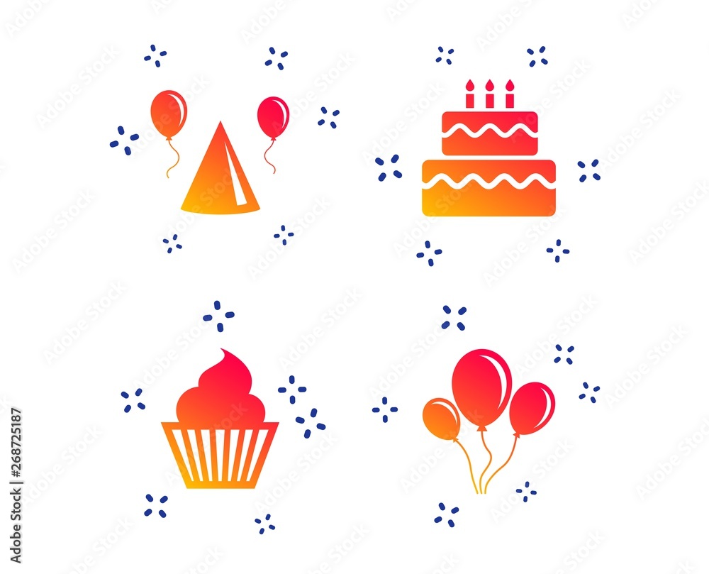 Birthday party icons. Cake, balloon, hat and muffin signs. Celebration symbol. Cupcake sweet food. Random dynamic shapes. Gradient party icon. Vector