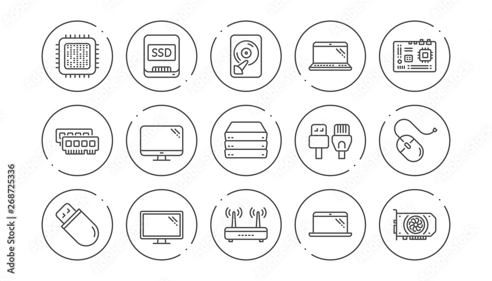 Computer device line icons. Motherboard, CPU and Laptop. SSD memory linear icon set. Line buttons with icon. Editable stroke. Vector Computer device line icons. Motherboard, CPU and Laptop. SSD memory linear icon set. Line buttons with icon. Editable stroke. Vector