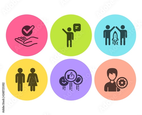 Agent, Like and Partnership icons simple set. Restroom, Approved and Support signs. Business person, Social media likes. People set. Flat agent icon. Circle button. Vector