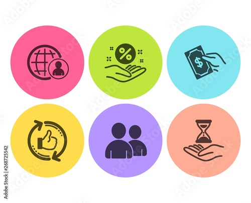International recruitment, Loan percent and Users icons simple set. Pay money, Refresh like and Time hourglass signs. World business, Discount hand. People set. Flat international recruitment icon