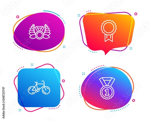 Bicycle, Reward and Laureate medal icons simple set. Best rank sign. Bike, Best medal, Laurel wreath. Sports set. Speech bubble bicycle icon. Colorful banners design set. Vector