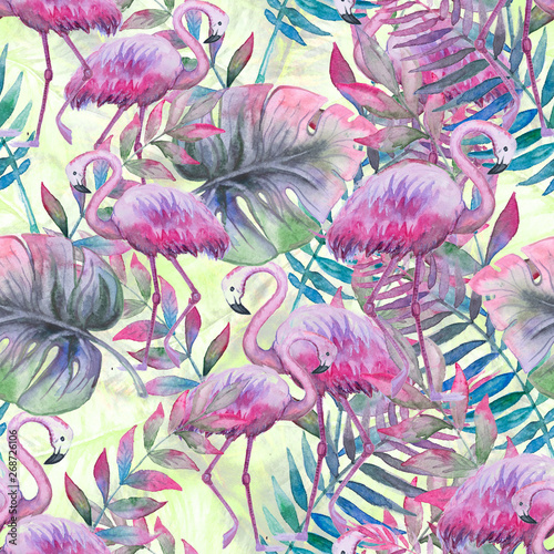 Watercolor tropical seamless floral pattern. Colorful paint background. Purple  pink and green texture. Floral mix artwork