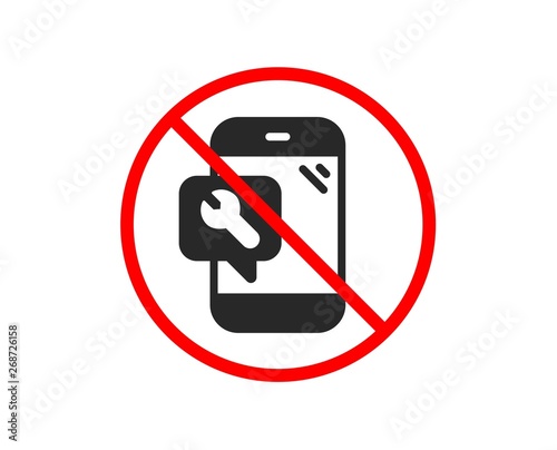 No or Stop. Spanner tool icon. Phone repair service sign. Fix instruments symbol. Prohibited ban stop symbol. No phone repair icon. Vector