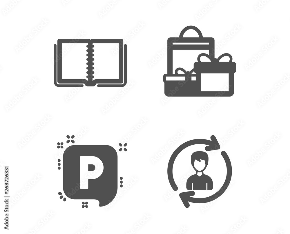 Set of Shopping, Book and Parking icons. Human resources sign. Holiday packages, E-learning course, Auto park. Update profile. Classic design shopping icon. Flat design. Vector Set of Shopping, Book and Parking icons. Human resources sign. Holiday packages, E-learning course, Auto park. Update profile. Classic design shopping icon. Flat design. Vector