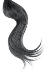 Black hair isolated on white background. Long wavy ponytail