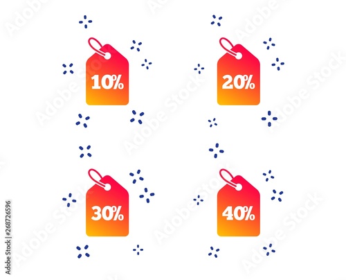 Sale price tag icons. Discount special offer symbols. 10%, 20%, 30% and 40% percent discount signs. Random dynamic shapes. Gradient sale icon. Vector