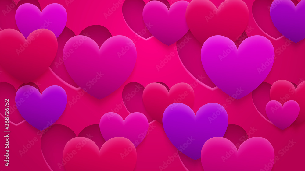 Abstract background of holes and hearts with shadows in red, pink and purple colors