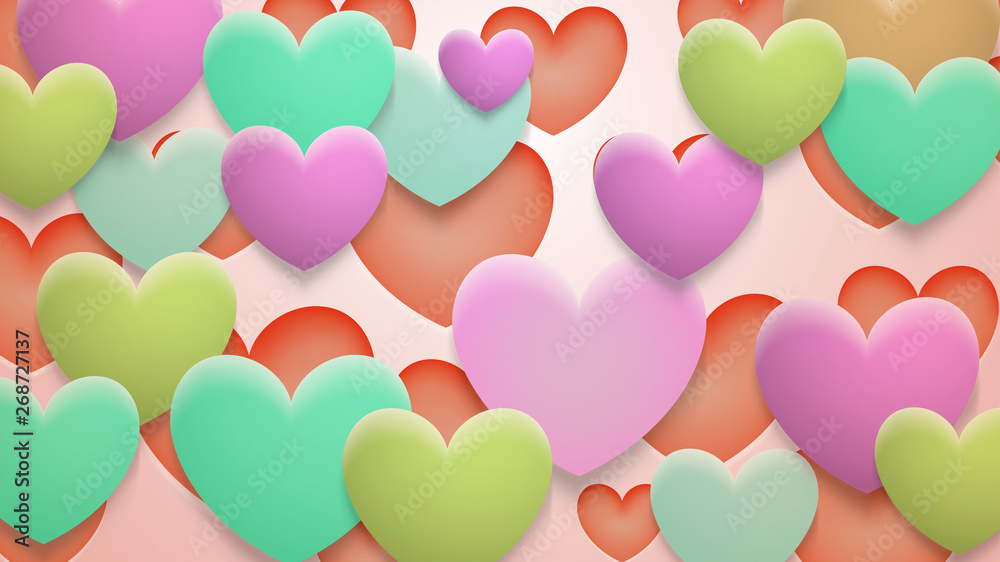 Abstract background of holes and multicolor hearts with shadows