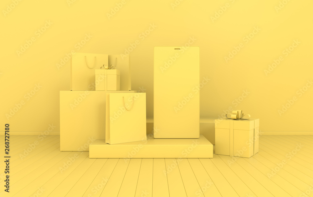 Smartphone, gift box, shopping bag mockup background in minimal style. Frameless  mobile phone 3d render. Technology gadget concept. Set of platforms, podium for product presentation