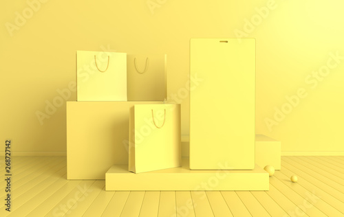 Smartphone, shopping bag mockup background in minimal style. Frameless  mobile phone 3d render. Technology gadget concept. Set of platforms, podium for product presentation