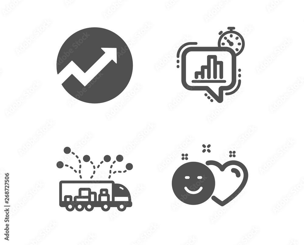 Set of Statistics timer, Truck delivery and Audit icons. Smile sign. Growth chart, Logistics, Arrow graph. Social media like. Classic design statistics timer icon. Flat design. Vector Set of Statistics timer, Truck delivery and Audit icons. Smile sign. Growth chart, Logistics, Arrow graph. Social media like. Classic design statistics timer icon. Flat design. Vector