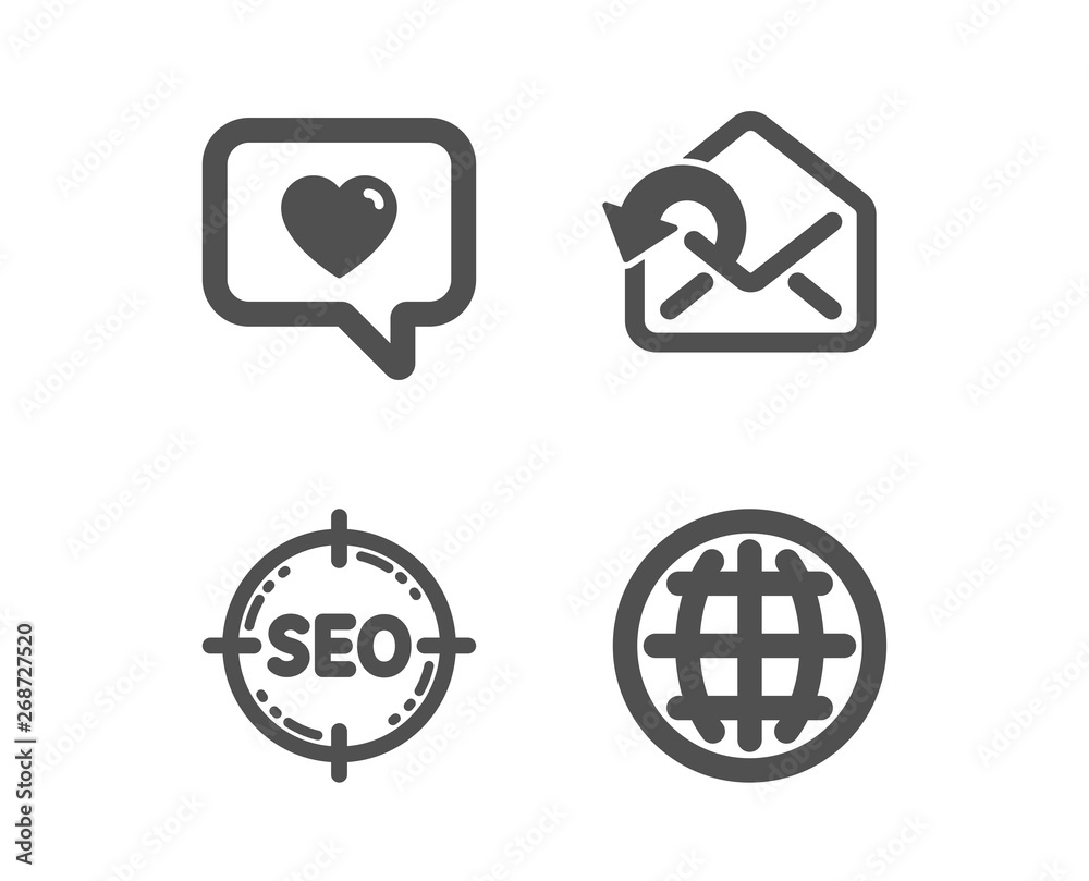 Set of Love message, Seo and Send mail icons. Globe sign. Dating service, Search target, Sent message. Internet world.  Classic design love message icon. Flat design. Vector