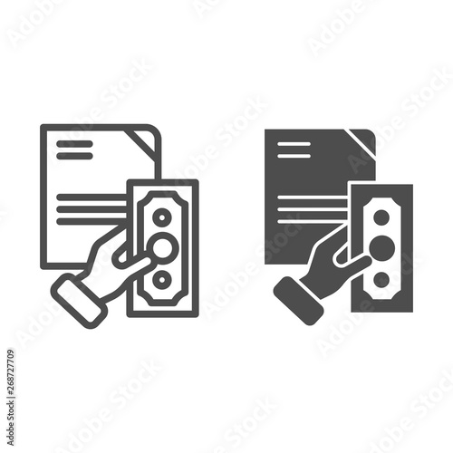 Hand holding invoice line and glyph icon. Paid contract in hand vector illustration isolated on white. Document outline style design, designed for web and app. Eps 10.