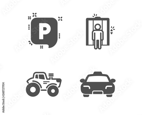 Set of Parking, Elevator and Tractor icons. Taxi sign. Auto park, Lift, Farm transport. Passengers transport. Classic design parking icon. Flat design. Vector