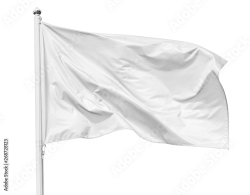 White flag waving in the wind on flagpole, isolated on white background, closeup photo