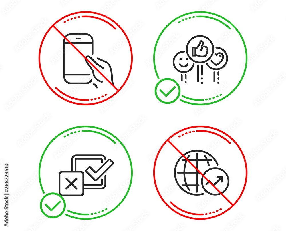 Do or Stop. Like, Checkbox and Hold smartphone icons simple set. World statistics sign. Social media likes, Survey choice, Phone call. Global report. Technology set. Line like do icon. Vector Do or Stop. Like, Checkbox and Hold smartphone icons simple set. World statistics sign. Social media likes, Survey choice, Phone call. Global report. Technology set. Line like do icon. Vector