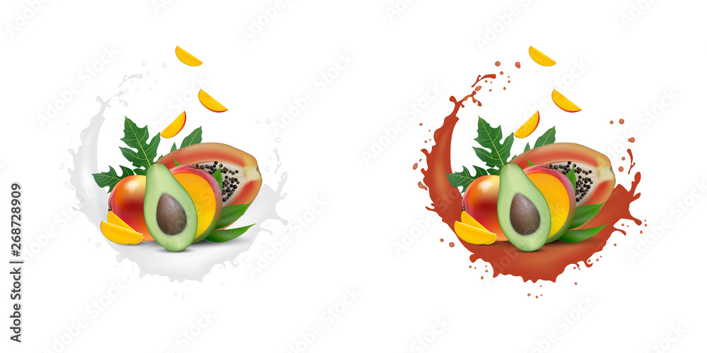 Ad 3d promotion banner, Realistic mango, avocado, papaya with falling slices. Ice cream, yogurt, juice brand advertising. Label poster template. Splash design. Ad 3d promotion banner, Realistic mango, avocado, papaya with falling slices. Ice cream, yogurt, juice brand advertising. Label poster template. Splash design.