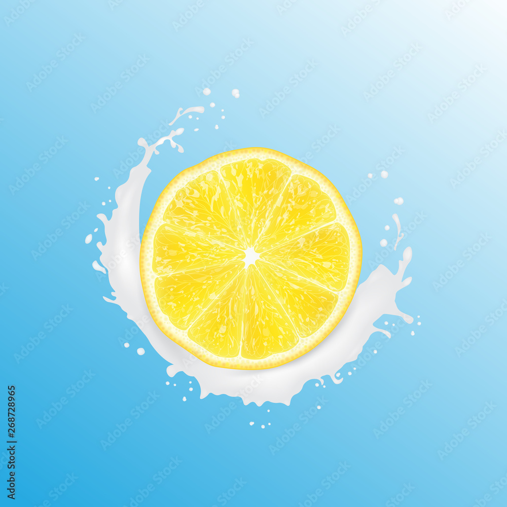 Realistic 3d Vector Illustration. Sliced lemon. Milk juice splash. Colourful citrus background. Realistic 3d Vector Illustration. Sliced lemon. Milk juice splash. Colourful citrus background.