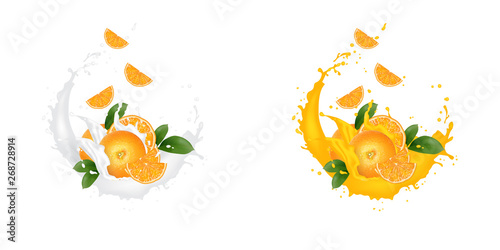Fresh 3d realistic orange slices with juice milk yogurt splash drops isolated on a white background. Packaging template. Realistic organic fruit dairy product.