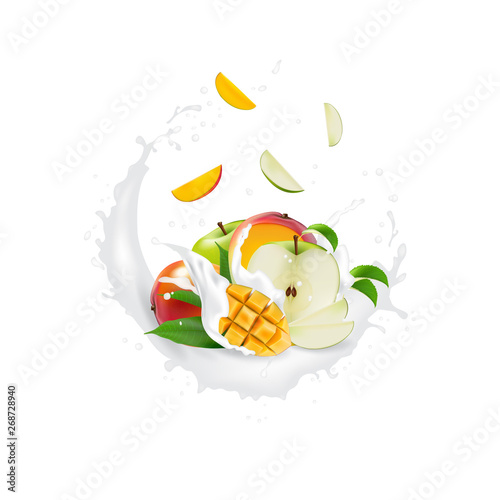 Fototapeta Naklejka Na Ścianę i Meble -  Fresh 3d realistic fruit slices with juice milk yogurt splash drops isolated on a white background. Packaging template. Realistic organic fruit dairy product.