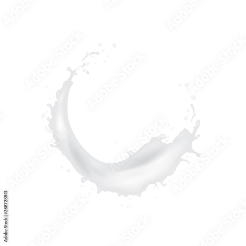 3d realistic twisted round milk splash with drops.  Isolated yogurt cream surfing wave on white background. Product package design