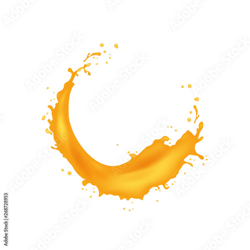 3d realistic twisted juice splash with drops. Isolated surfing wave on white background. Product package design.