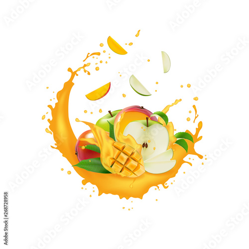 Fresh 3d realistic fruit slices with juice milk yogurt splash drops isolated on a white background. Packaging template. Realistic organic fruit dairy product.