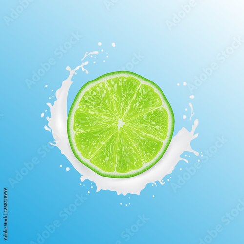 Realistic 3d   Illustration. Sliced lime. Milk juice splash. Colourful citrus background.