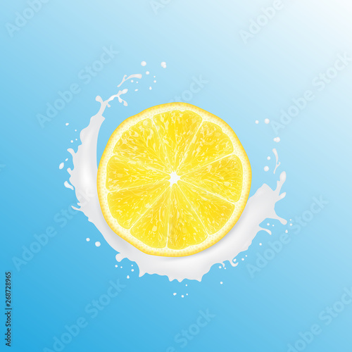 Realistic 3d Vector Illustration. Sliced lemon. Milk juice splash. Colourful citrus background.
