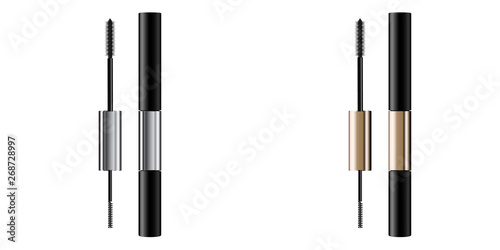 A mascara tube and   wand applicator. Cosmetic bottle with eyelash brush. Isolated on white background. Grunge swatch, black wavy brush stroke hand drawn. 3d realistic