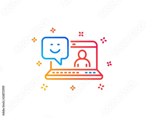 Smile laptop line icon. Positive feedback rating sign. Customer satisfaction symbol. Gradient design elements. Linear smile icon. Random shapes. Vector