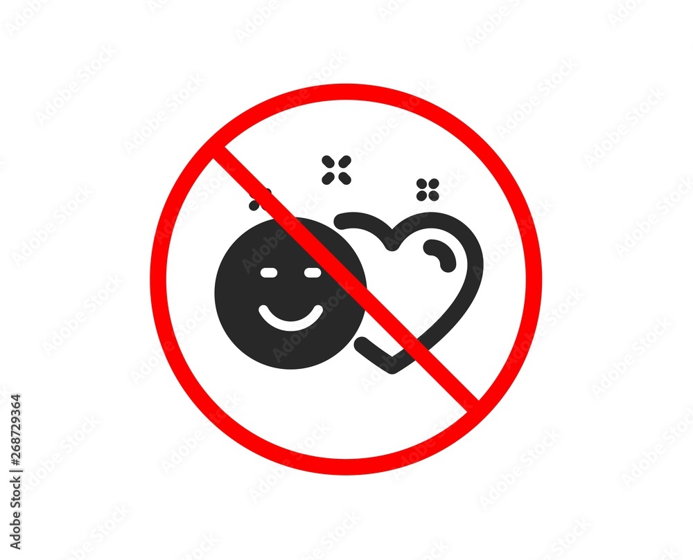 No or Stop. Social media like icon. Heart, smile sign. Positive feedback symbol. Prohibited ban stop symbol. No smile icon. Vector No or Stop. Social media like icon. Heart, smile sign. Positive feedback symbol. Prohibited ban stop symbol. No smile icon. Vector