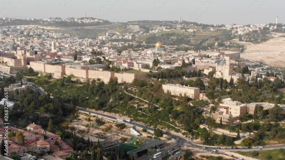 The old City of Jerusalem Aerial View Beautiful Aerial Shot the old city walls and the golden Dome of the rock The old City of Jerusalem Aerial View Beautiful Aerial Shot the old city walls and the golden Dome of the rock