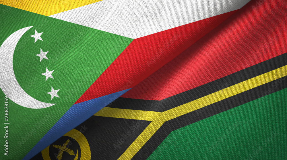 Fototapeta premium Comoros and Vanuatu two flags textile cloth, fabric texture