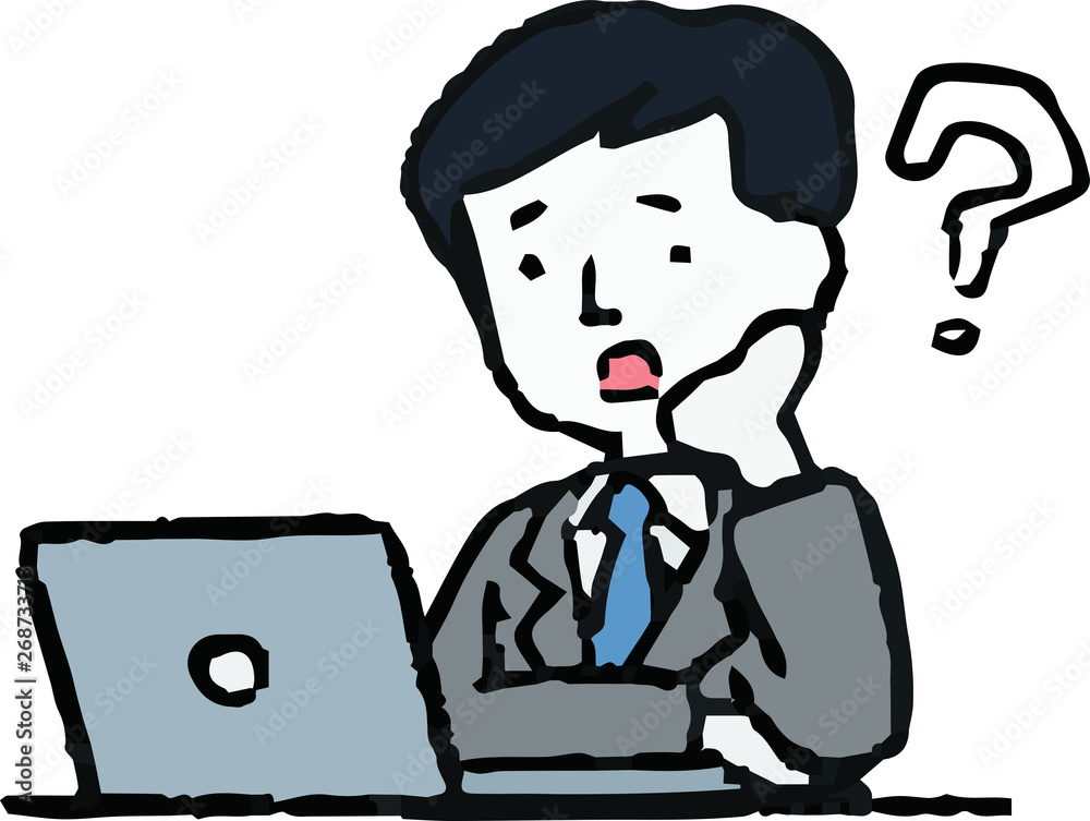 Analog style illustration of working man and laptop PC 