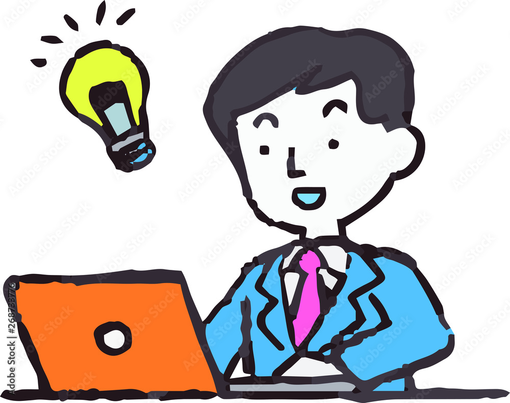 Analog style Pop illustration of working man and laptop PC