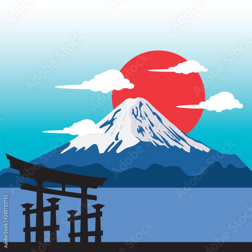 Vector illustration of sunset at Mount Fuji. Symbol of Japan. 