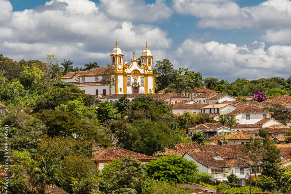 Tiradentes, Minas Gerais, Brazil - March 28, 2019: View of the city of Tiradentes from the Holy Trinity Sanctuary, a small church with a privileged view.