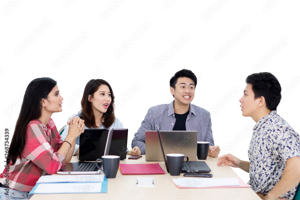 Young man explains financial report with his team Young man explains financial report with his team