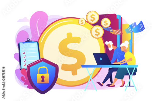 Age pension, money savings. Online banking account protection. Elderly financial security, elderly poverty problem, seniors budget planning concept. Bright vibrant violet vector isolated illustration