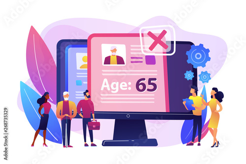 HR agency age discrimination. Job candidate CV, personal profile. Ageism social problem, stop ageism, elderly employment difficulties concept. Bright vibrant violet vector isolated illustration