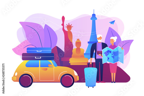 Senior couple abroad road trip. Elderly people on around world sightseeing tour. Retirement travel, traveling on pension, slow travel method concept. Bright vibrant violet vector isolated illustration