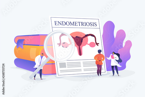 Gynecology, obstetrics clinic. Gynecologist and female patient, diagnosis. Endometriosis, endometrium dysfunctionality, endometriosis treatment concept. Vector isolated concept creative illustration