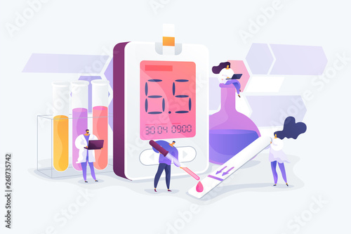 Medical laboratory research. Blood sample analysis. Tube lab testing. Disease diagnostics. Diabetes mellitus, Type 2 diabetes, insulin production concept. Vector isolated concept creative illustration