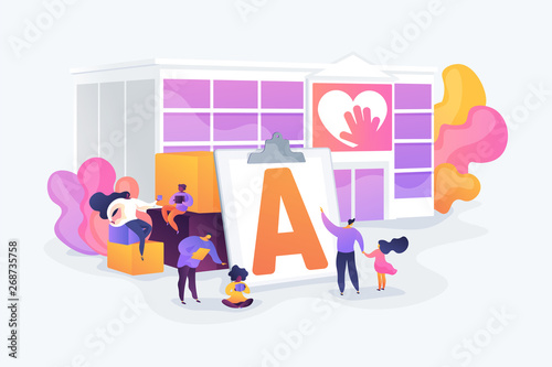 Special needs children rehabilitation school. Social workers  educators. Autism center  treatment of autism spectrum disorder  kids autism help concept. Vector isolated concept creative illustration