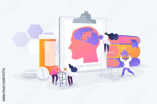 Memory loss, brain illness treatment, therapy. Elderly people mental disorders. Caregivers with patients. Alzheimer disease, dementia, dotage concept. Vector isolated concept creative illustration
