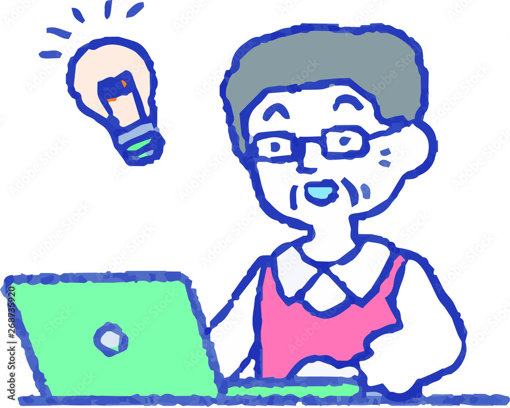 Analog-style Pop illustration of an elderly man using a PC Analog-style Pop illustration of an elderly man using a PC