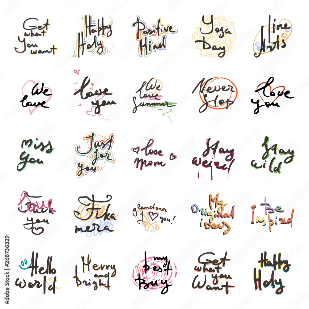 Set of vector hand draw lettering. Ink draw illustration for postcard, greeting card and banner Set of vector hand draw lettering. Ink draw illustration for postcard, greeting card and banner